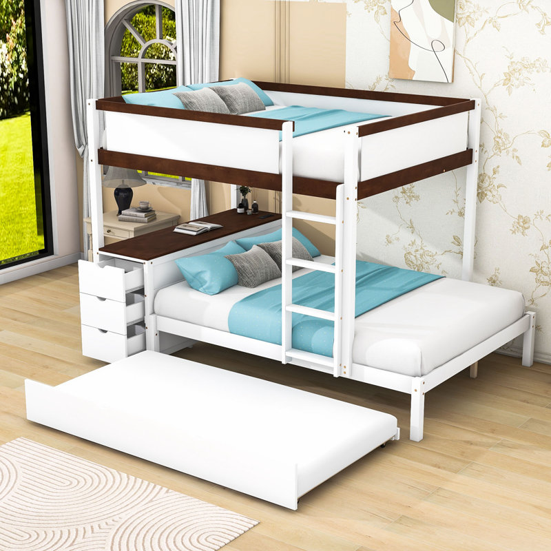 Kaleis Bunk Bed With Storage Drawers, Outlets, USB Ports And Safety Guardrails, Full Over Full, White/Walnut