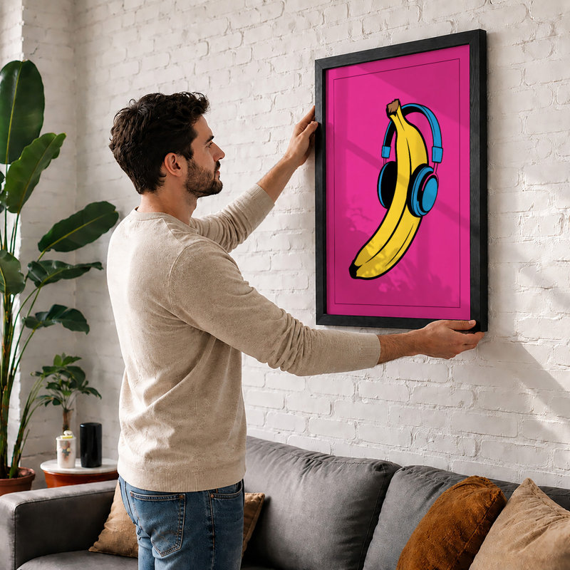 Banana Beats Pop Art - Framed Print, A4 - 29.7 x 21.0 cm, Walnut