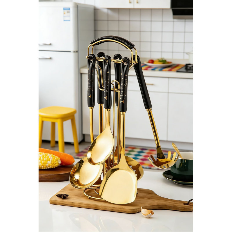 Ensemble d'ustensiles de cuisine de luxe avec support, 7 pièces d'outils de cuisson à poignée en céramique, y compris une cuillère rainurée, une louche à soupe, une spatule et une cuillère à pâtes pour une cuisine élégante et organisée