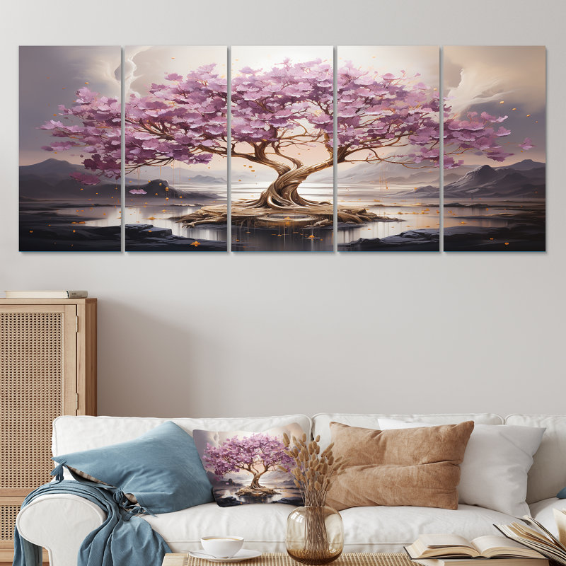 Arbre de fleurs de cerisier mauve au bord du lac I - Ensemble d'art mural 5 pièces, H 28 po x l 60 po