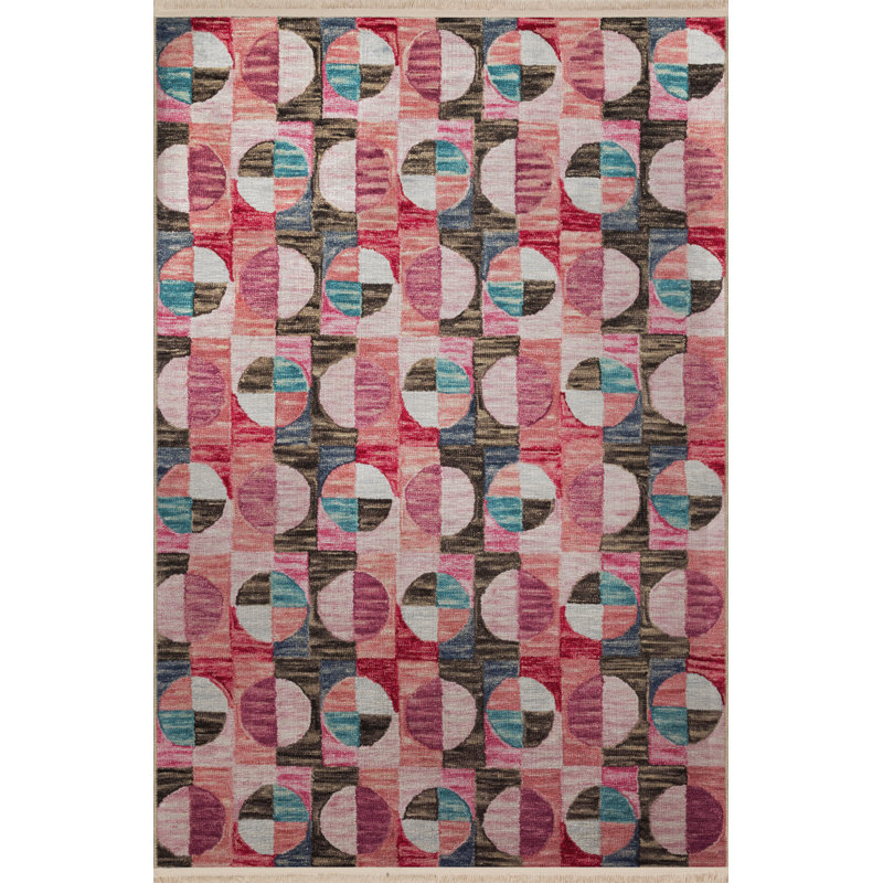 Pink-Themed Multi-Colored Geometric Patterned Fringed Vintage Decorative Rug, Rectangle 3'9.81" x 4'11.06"