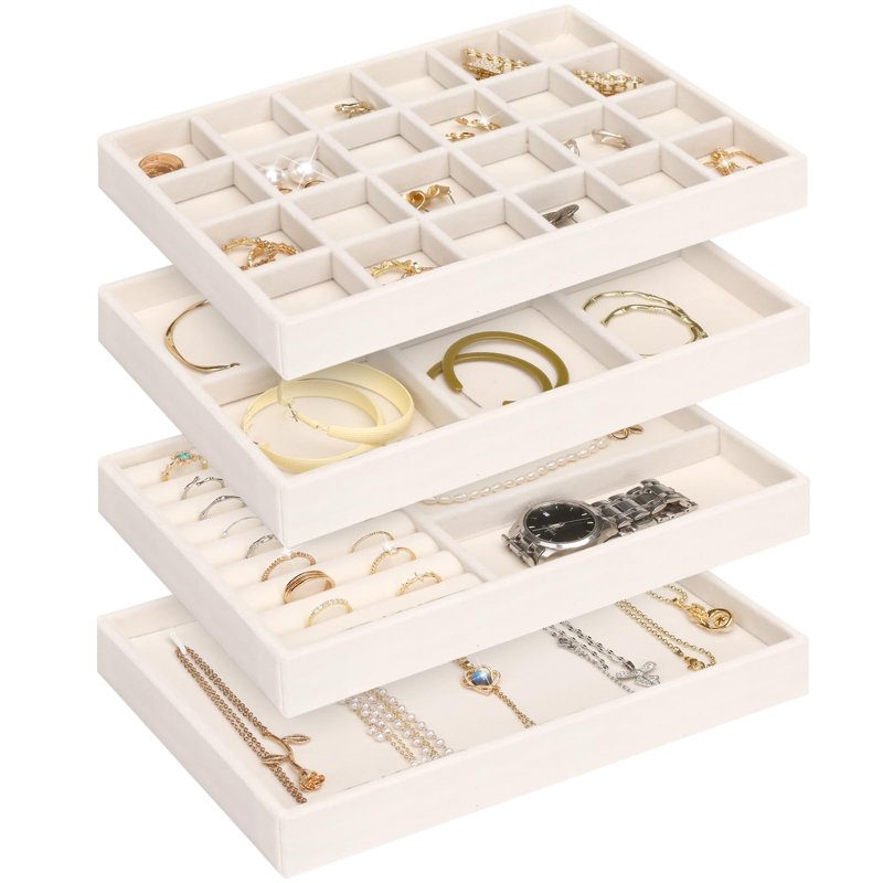 4 Jewellery Organizer Drawer Insert, Stackable Velvet Jewellery Tray Organizer Display Case Storage Containers(Beige)
