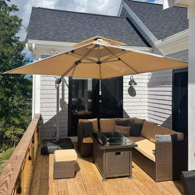 Parasol en porte-à-faux carré 132 "avec base Jujin, beige, Beige