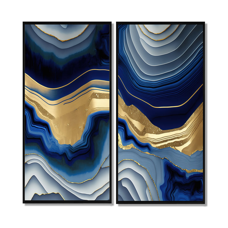 «Vibrant Blue and Gold Flow Art I», art mural transitionnel abstrait 2 pièces, H 40 po x l 40 po, Noir