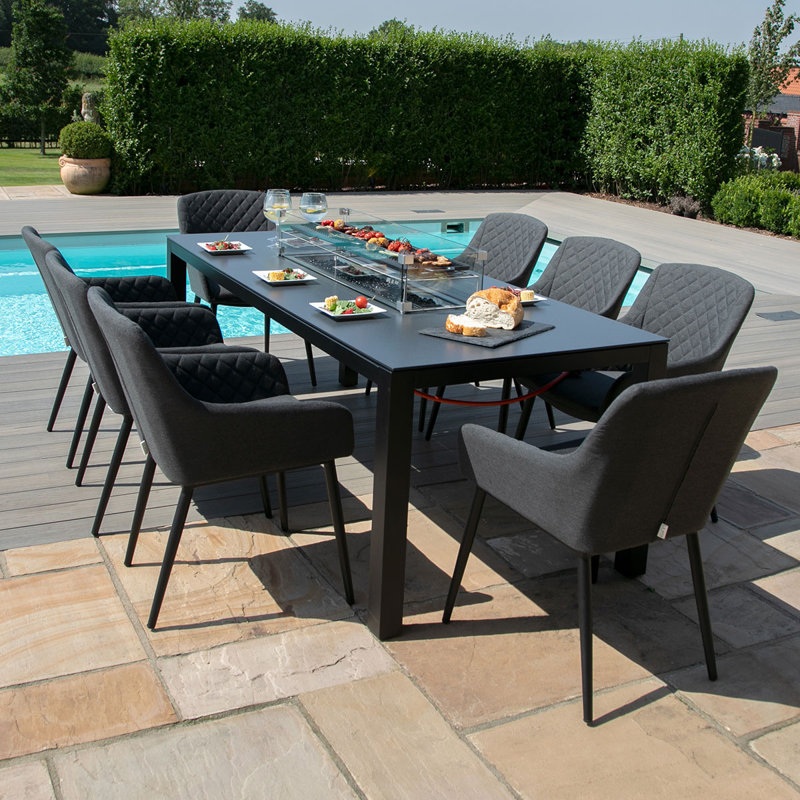 La Rena Outdoor Fabric 8 Seat Rectangular Dining Set - with Fire Pit Table - Lead Chine, Black, Charcoal