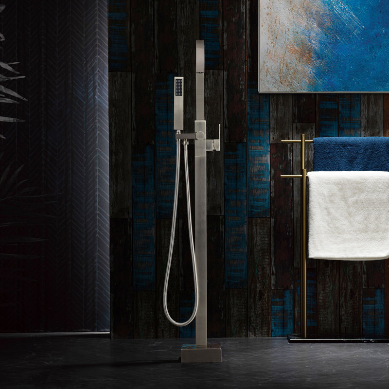 WOODBRIDGE F0060BN Contemporary Single Handle Floor Mount Freestanding Tub Filler Faucet with Hand Shower in Brushed Nickel Finish. 