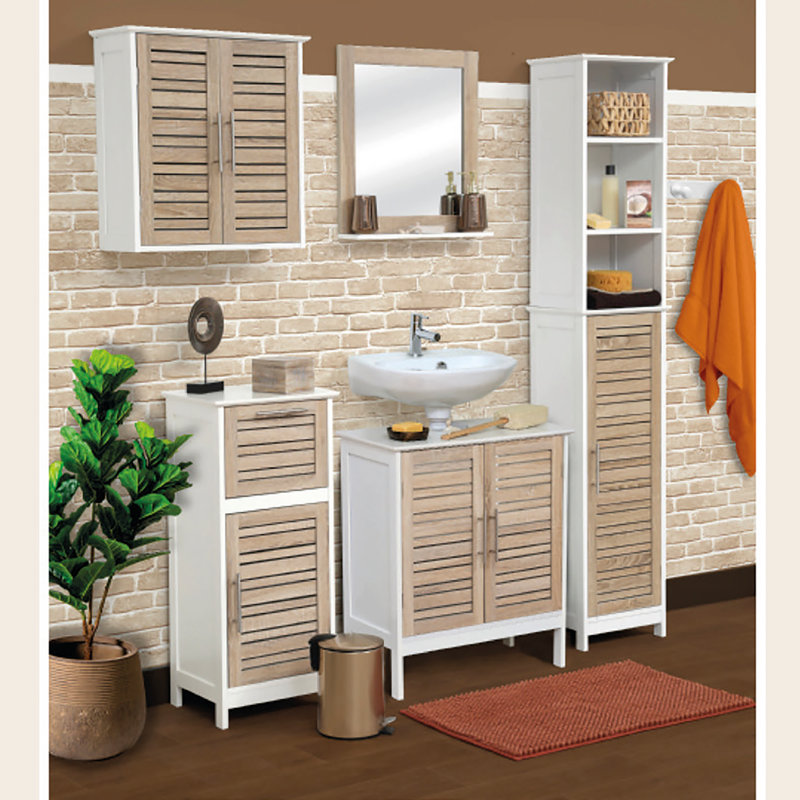 White and Oak Freestanding Bathroom Cabinet with Adjustable Shelving