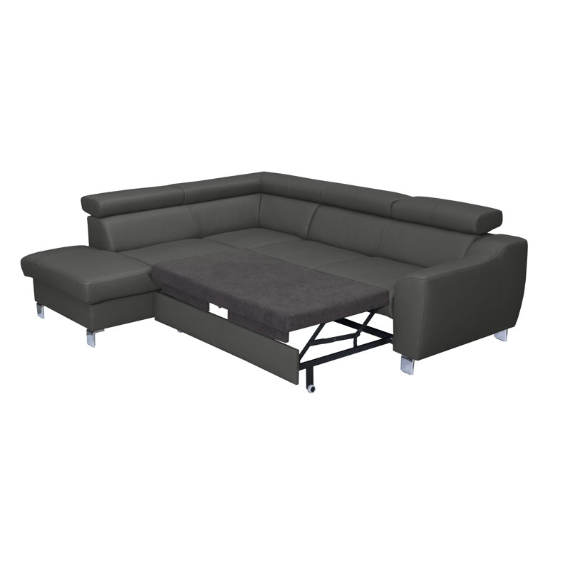 Aribel Faux Leather Corner Sofa with Sleeping Function and Storage Box with Adjustable Headrests , Dark Grey