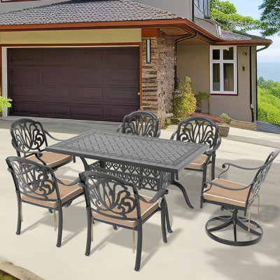 7 salles à manger en aluminium coulé résistant aux intempéries - 2 chaises pivotantes, 4 chaises et table rectangulaire noire