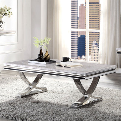 Modern Glam Style Coffee Table With 18Mm Faux Marble On Top Pedestal Base Metal Structure Stainless Steel