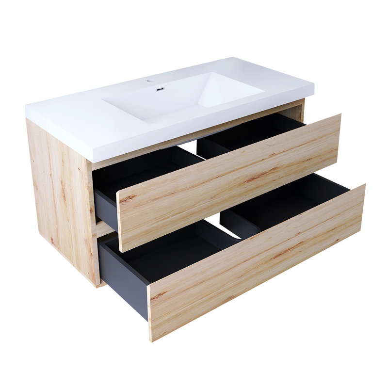 42 po W Meuble-lavabo mural simple avec lavabo blanc, Chêne