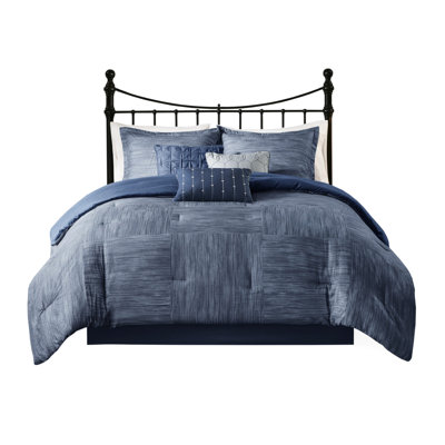 Navy King Comforter - 7 Piece Printed Seersucker, , Warm Decor Seersucker Navy, Microfiber Solid Back, Pillow