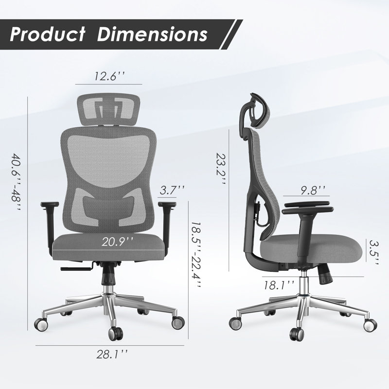 Ergonomic Office Chair,Mesh Desk Chair With Adjustable Lumbar Support And Headrest,Comfy Computer Chair With 3D Armrest Recling Swivel Chair For Home, Office, Study Room, Black & Grey