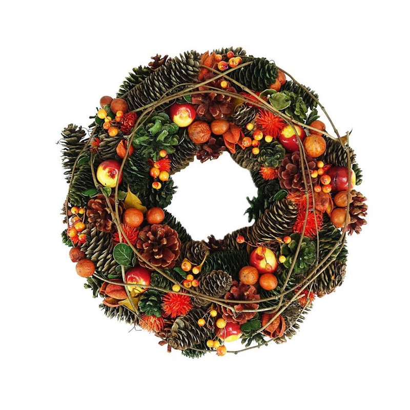 Couronne de pin artificielle et fruitier, H 14,75 po x l 14,75 po x P 3,25 po