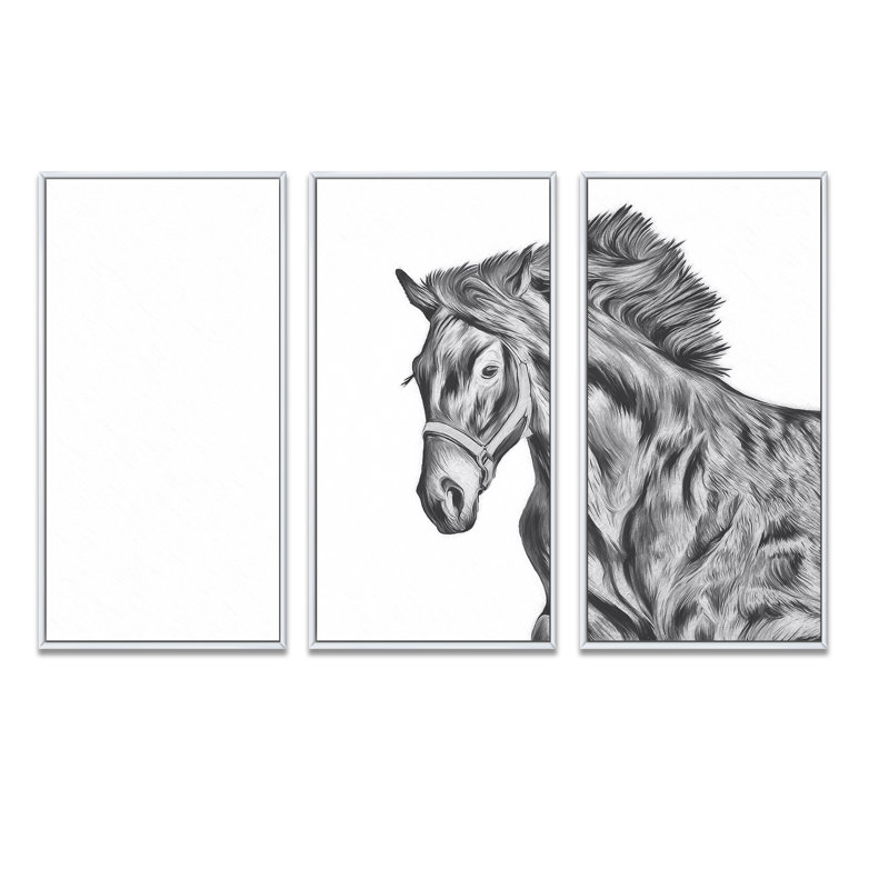 Portrait d'un cheval - ensemble d'art mural sur toile traditionnel encadré de 3, L 36 po x H 28 po x P 1 po, Blanc