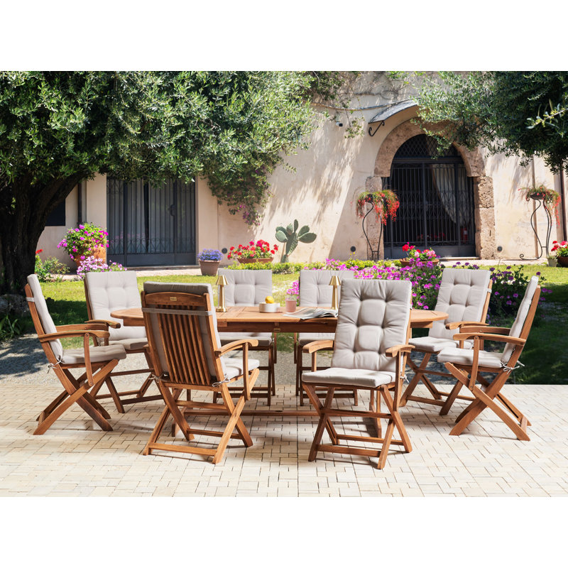 8 - Person Acacia Patio Dining Set with Oval Table , Cushions Included, Natural Wood/Beige;Grey