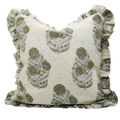 Fabdivine Handcrafted Frill Coloured Linen Cushion Cover Traditional Indian Block Print Decorative Throw Pillow- Mohini