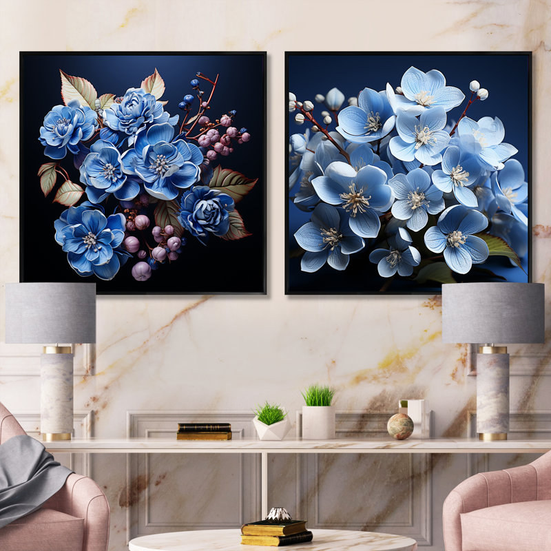 Ensemble de 2 hortensias noirs et bleus - ensemble de 2 hortensias carrés, Cadre flottant noir, H 16 po x l 33 po