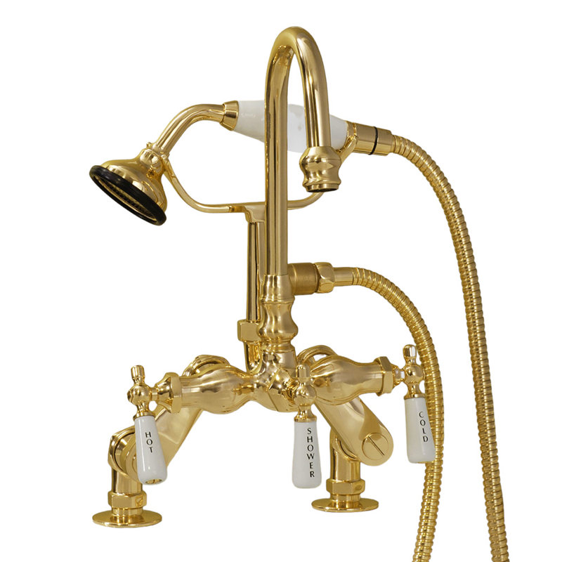 Deck Mount Gooseneck Tub Faucet with Handheld Strom Living, Supercoat Brass