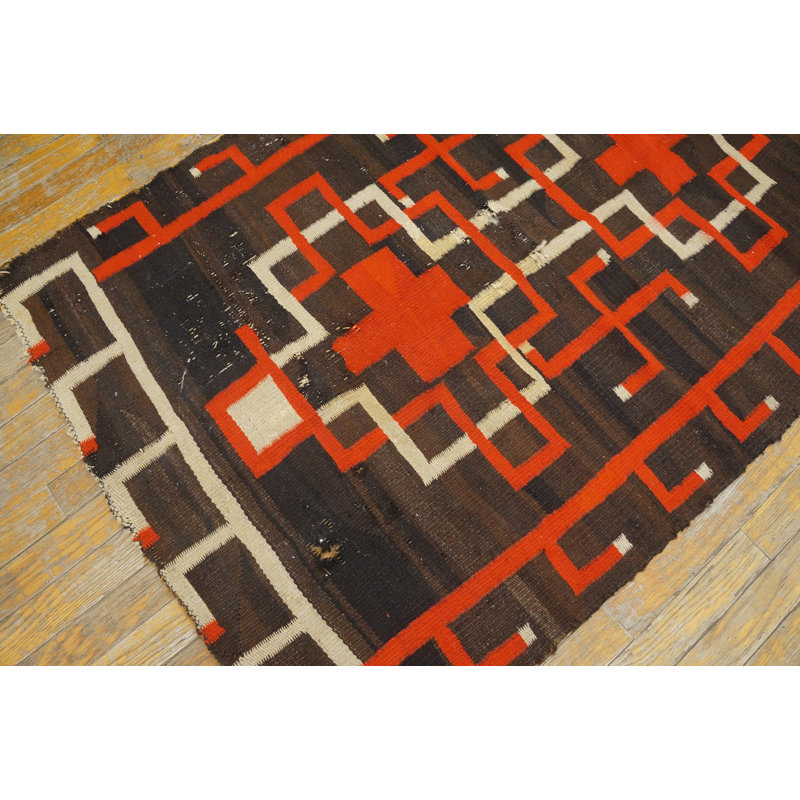 Bold Charcoal and Red Antique Flat Weave Tribal Geometric Native American Navajo Rug
