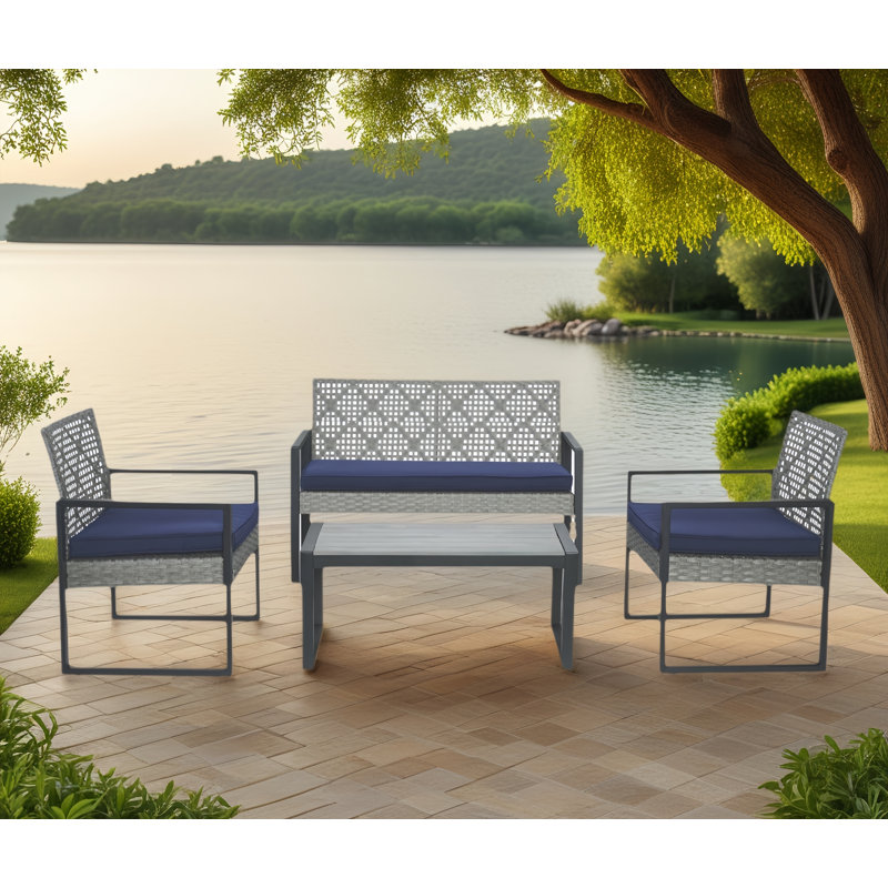 4-piece Patio Furniture Set Outdoor Balcony Porch Garden Backyard Lawn Furniture Acacia Wood Table Top, Brown, Blue