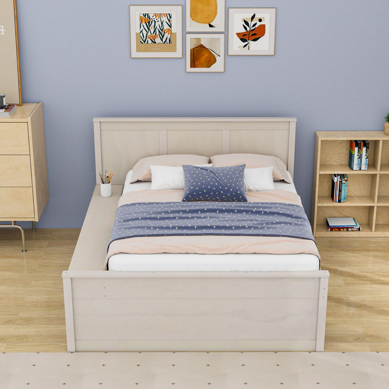 Lit plateforme en bois avec tablettes, lit gigogne et tête de lit, Blanc, crème, Lit double