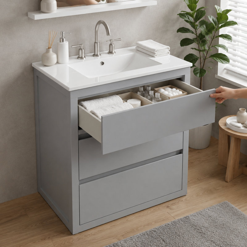 Meuble-lavabo autoportant gris clair mat avec quincaillerie en nickel
