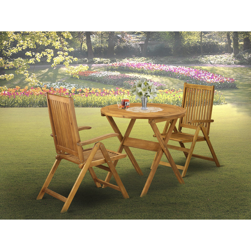 3 Piece Outdoor Conversation Bistro Set Contains a Round Acacia Wood Coffee Table and 2 Folding Adjustable Arm Chairs, Natural Oil