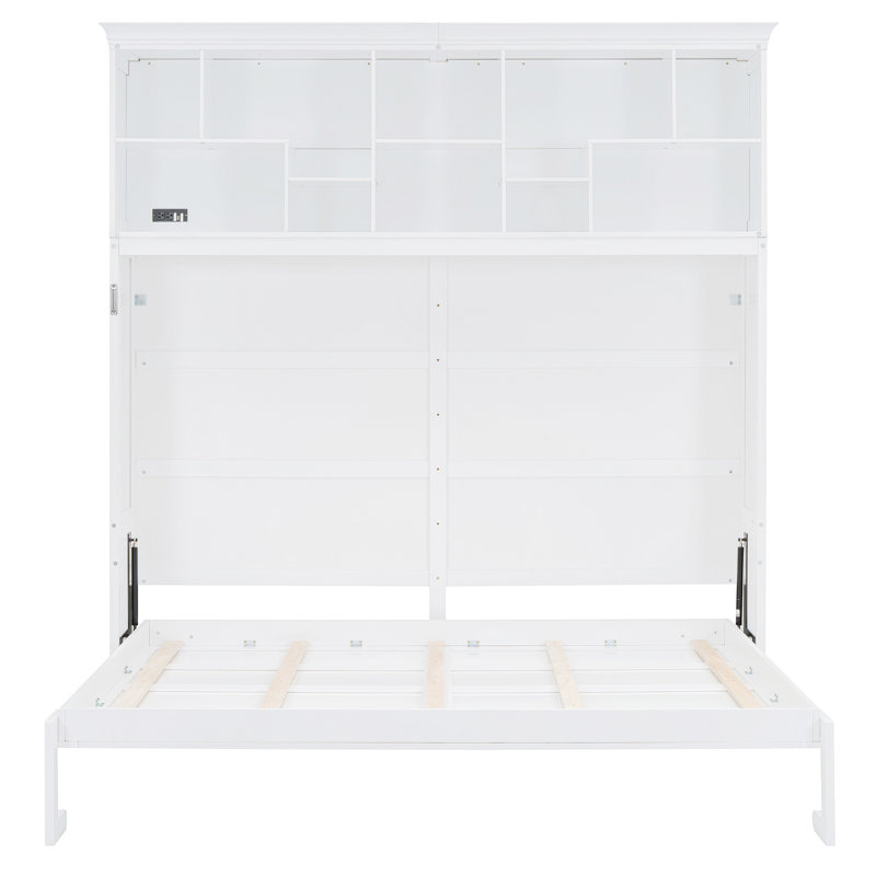 Grand lit escamotable mural avec tablettes supérieures et ports USB, lit pliable compact, Blanc
