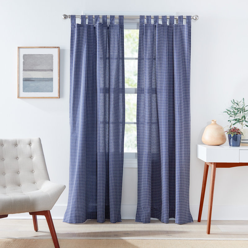 Mini Check Tabtop Light Filtering Deep Blue/White Curtain Panel Pair (Set of 2), 50" H x 108" W
