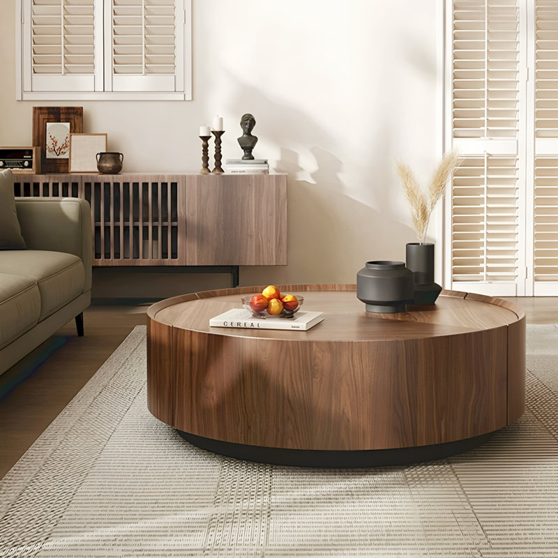 Walnut Round Coffee Table with Hidden Storage Drawers,No Assembly Required, 12.6" H x 35.43" L x 35.43" W