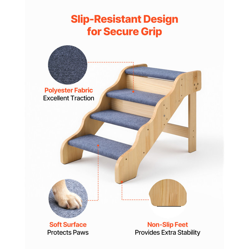 Escalier pour animaux de compagnie en bois à 4 marches, 74 cm L x 43 cm l x 50 cm H, en bois massif, rampe monobloc pour chien, surface antidérapante en polyester naturel, capacité de 68 kg pour lits hauts