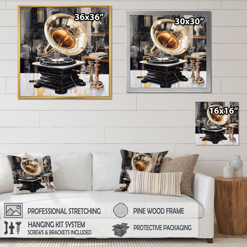 Gold Phonograph Reflections I - Music Canvas Prints, H 30 po x l 30 po x P 1 po, Cadre flottant noir
