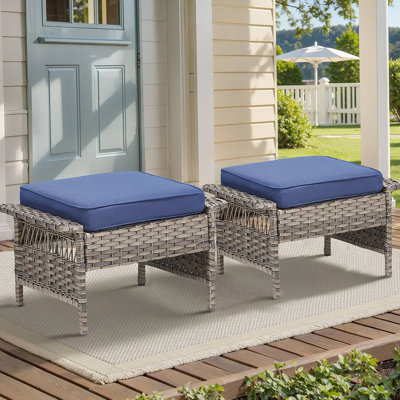 Ensemble de 2 repose-pieds d'extérieur en osier PE avec coussins bleus pour terrasse ou terrasse