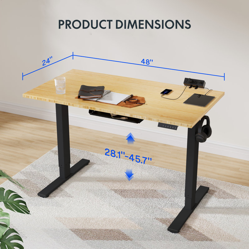 Bureau debout à hauteur ajustable Eric, bureau 100% bambou, H 45,7 po x l 48 po x P 24 po, Noir