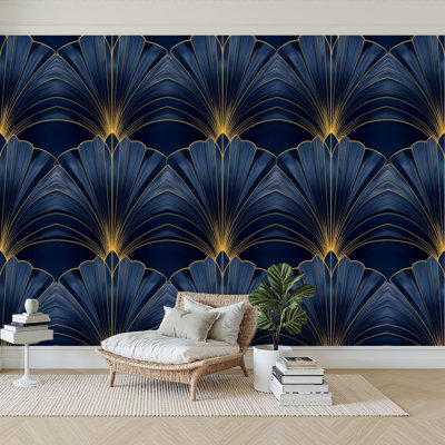 Peel and Stick Wallpaper 144" L x 100" W Modern Self Adhesive Wall Mural for Bedroom Elegant Blue Gold Art Deco Fan Seamless Geometric Luxury Design