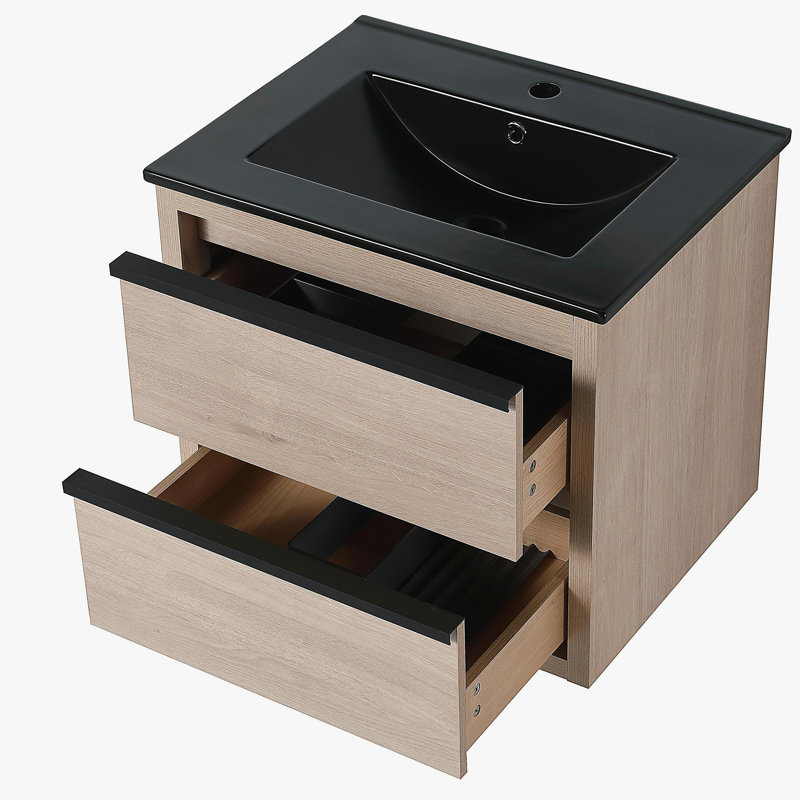 Lavabo de salle de bain 24 po avec lavabo en céramique noire et 2 tiroirs