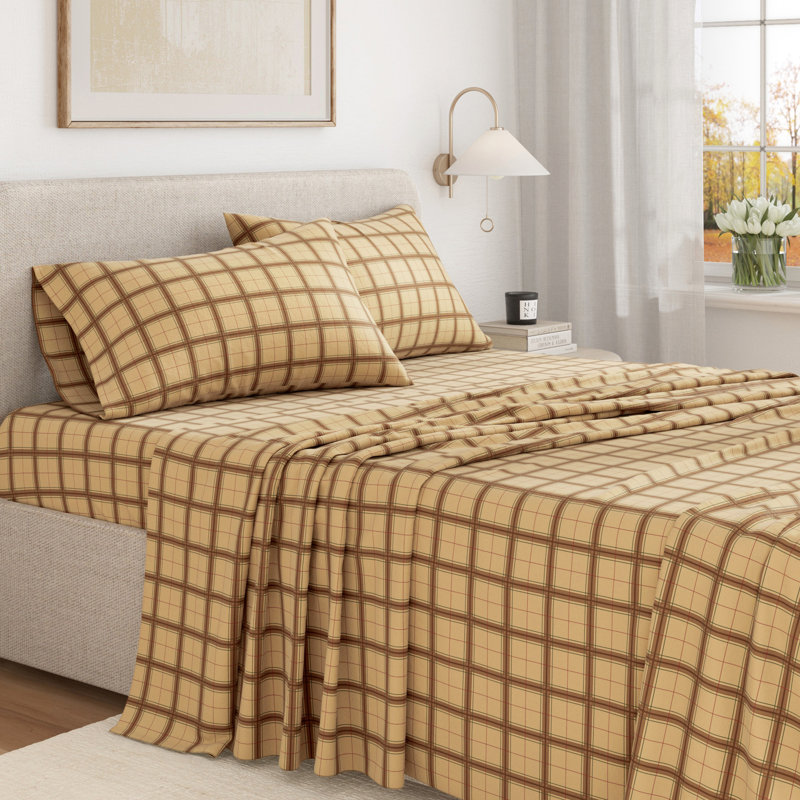 Ensemble de draps 100% flanelle de coton écossais, Taupe, vert et rouge rayé