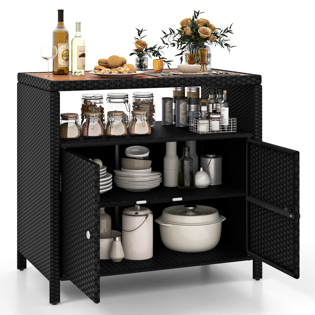 Latitude Run® Patio Storage Cabinet With Acacia Wood Countertop Open Shelf 2 Door Cabinet