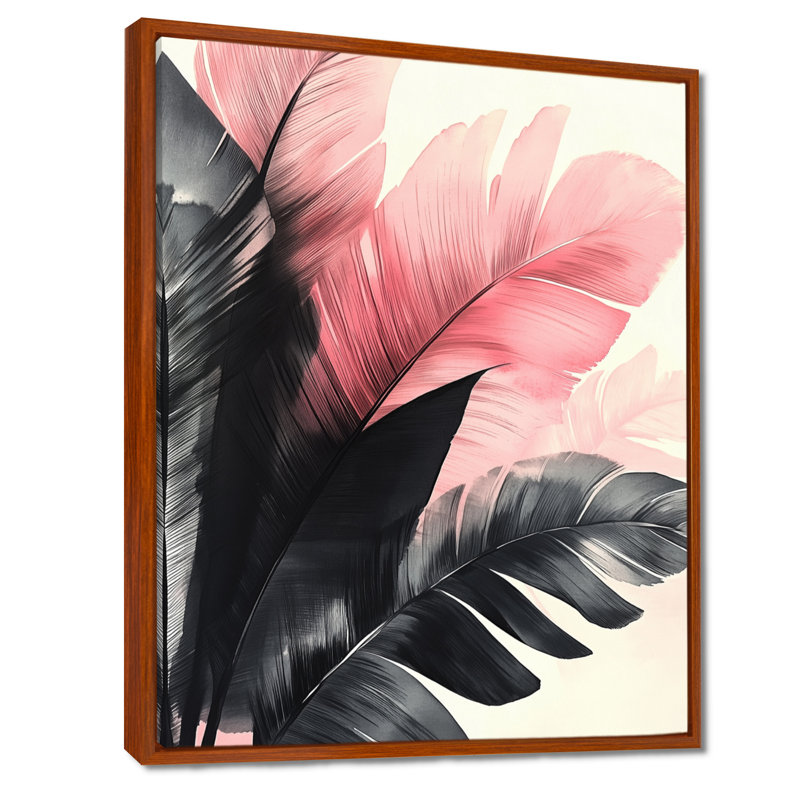 Feuilles tropicales roses - Tableau encadré sur toile à motif de feuille de palmier, H 20 po x l 12 po, Cadre flottant brun