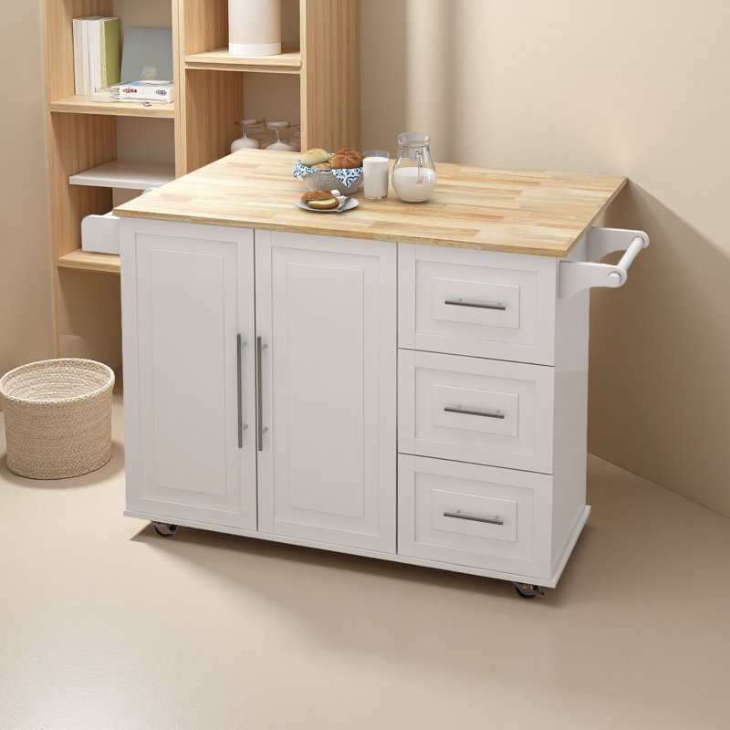 Îlot de cuisine avec support à épices, porte-serviettes et plateau de table en bois massif extensible