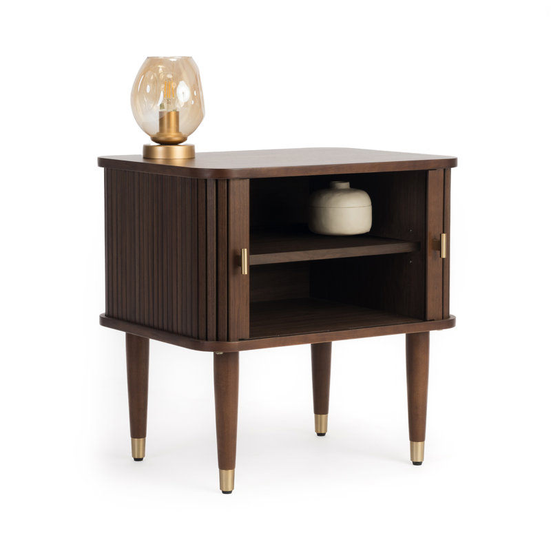 Mid-Century Walnut Nightstand Luxury Dark Walnut Veneer Bedside Table with Brass Accents and Sliding Tambour Doors