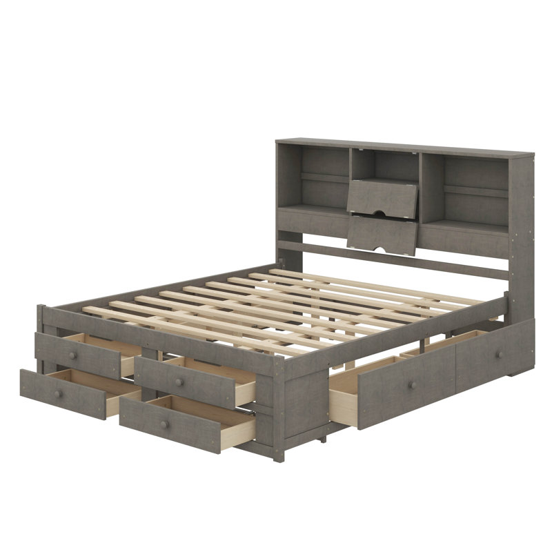 Très grand lit plateforme doté d'une tête de lit avec rangement et d'une configuration à 8 tiroirs, Très grand lit, Gris