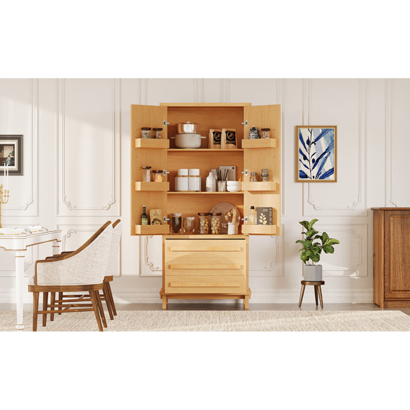 Garde-manger 70 po Classic - bois d'hévéa massif, 6 compartiments de porte internes, 3 tiroirs, tablette réglable, fermeture silencieuse, armoire basculante avec tablette