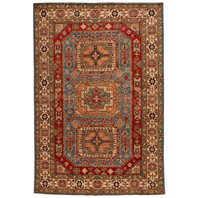 Tapis unique en laine noué à la main brun, bleu et rouge de 5 pi x 7 pi 2 po
