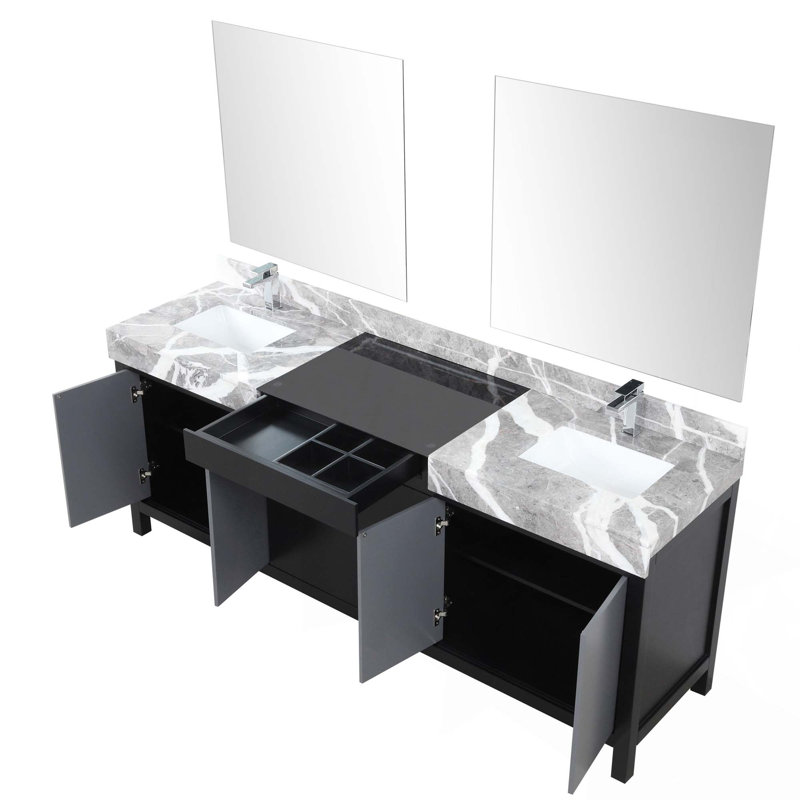 Ensemble de meuble-lavabo double noir et gris, plateau en marbre Castle, robinet chromé et miroirs de 34 po