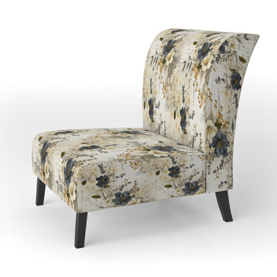Grey And Beige Geometric Flowers - Upholstered Bohemian Slipper Chair, Boho Style Accent Chair