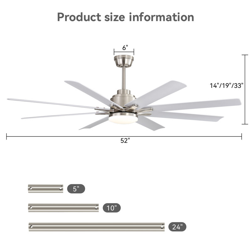 Ventilateur de plafond intelligent de 52 pouces avec lumières, Argent argent, Blanc