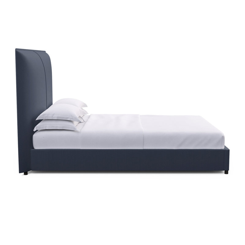 Mansfield Upholstered Bed, Full, Box Weave Linen Blue Print, Dark Brown