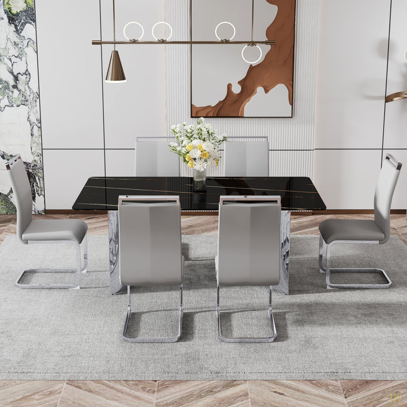 Table de salle à manger moderne et minimaliste. Le bureau en verre imitation marbre est équipé de pieds en métal. Convient aux restaurants et aux salons de 71 po x 39,3 po x 29,5 po
